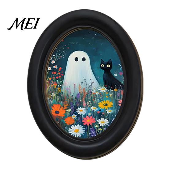 Easy Install Adhesive Wall Sign Halloween Gothic Oval Wooden Hanging Plaque, Vintage Framed Black Cat Little Party Background Ghost Sign, Waterproof