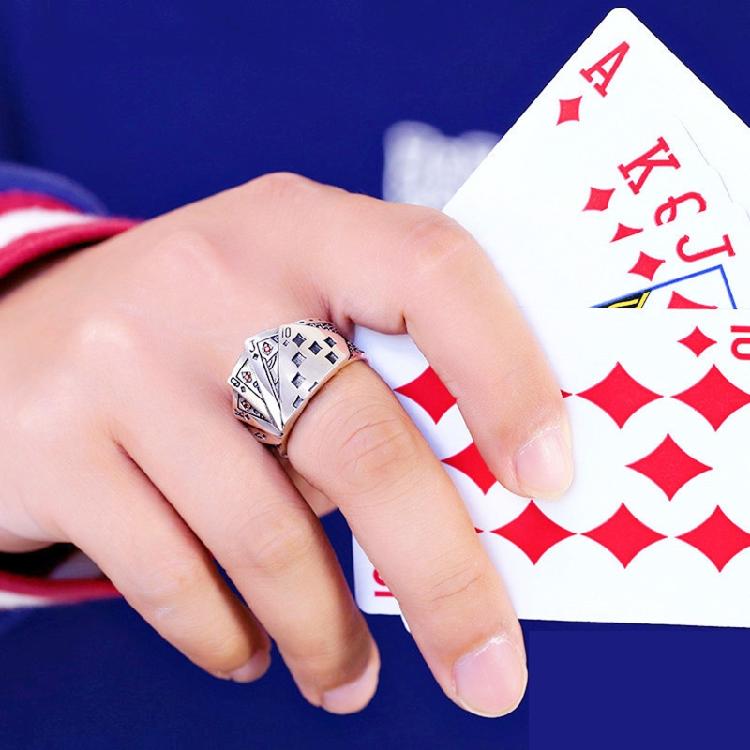 Hip Hop Fashion Exaggerated Cool Opening Ring Playing Card Crystal Rings for Men