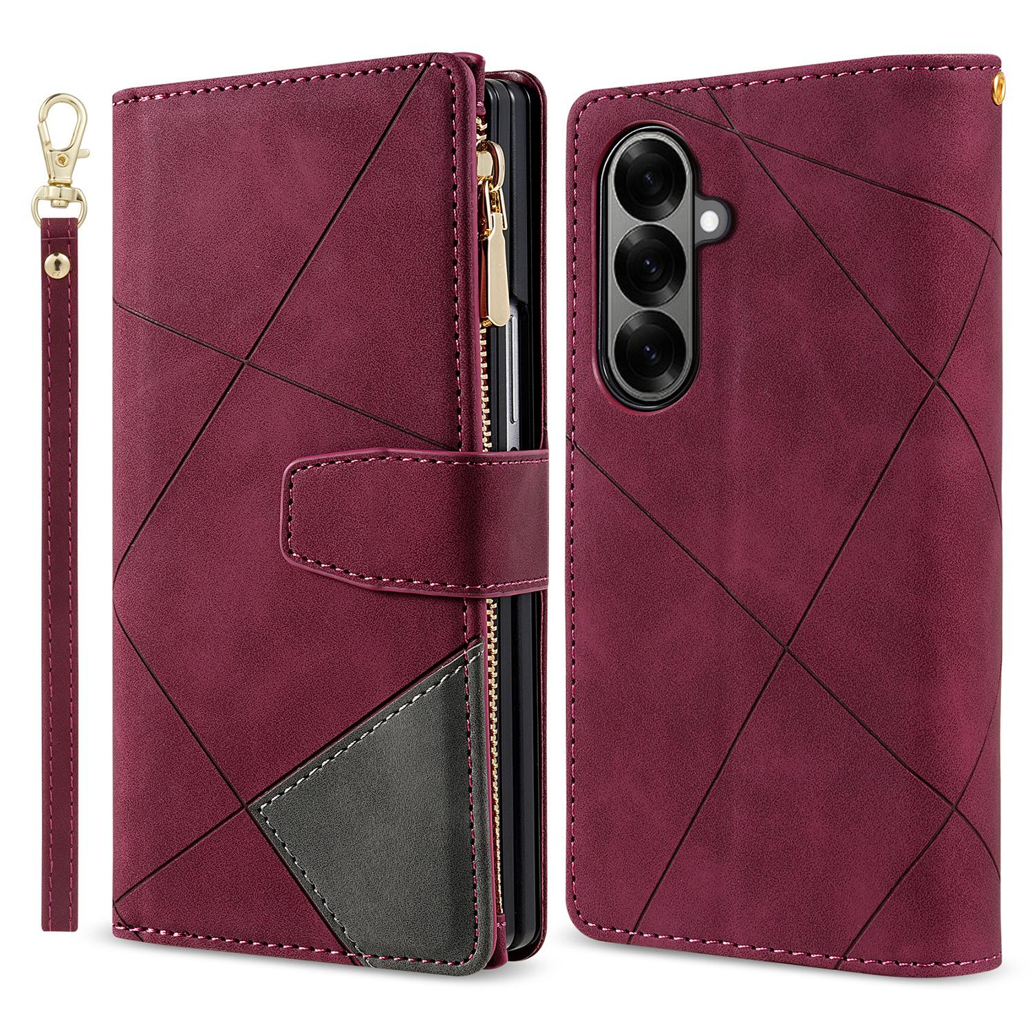 

For Samsung Galaxy Z Fold7 5G PU+PC Case Color Splicing Leather Phone Cover with Strap Red