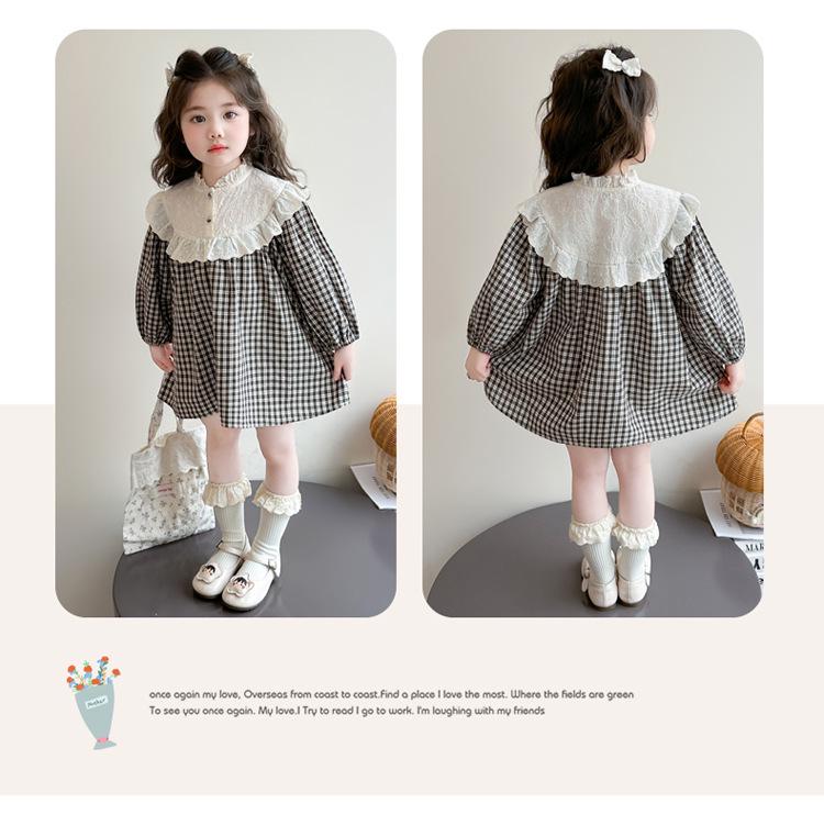 Spring Plaid Patchwork Dress with Sweet Lace Collar for Girls