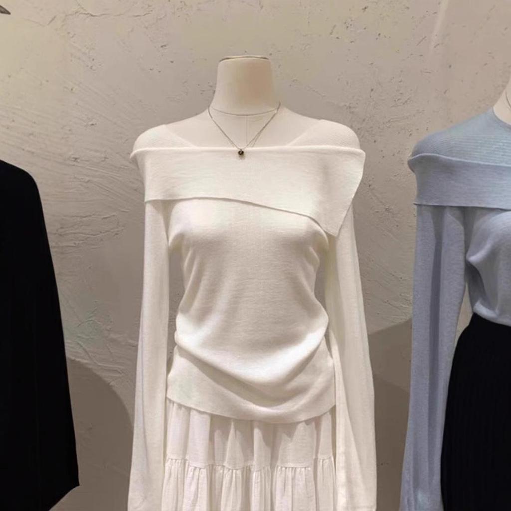 Sweet Temperament Off-Shoulder Knit Top - Women's 2025 Autumn/Winter Korean Style Slimming Base Shirt