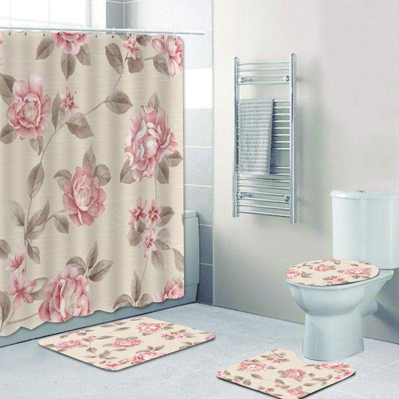Elegant Bouquet Of Fantastic White Flowers 3D Style Shower Curtain Floral Bathroom Curtains With Bath Rugs Carpet Set Home Decor