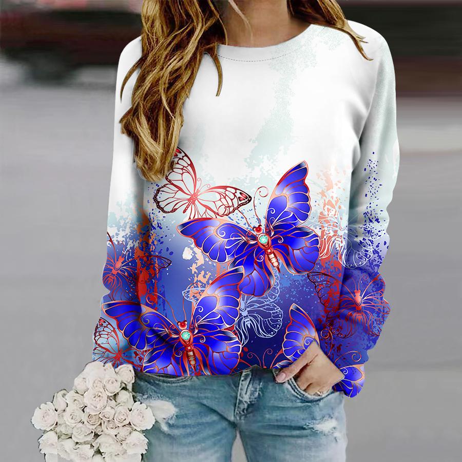 Loose Casual Women Tees Elegant Butterfly Pattern Print Long Sleeve T-Shirts Autumn Tops Women O-Neck Long Sleeve T Shirt