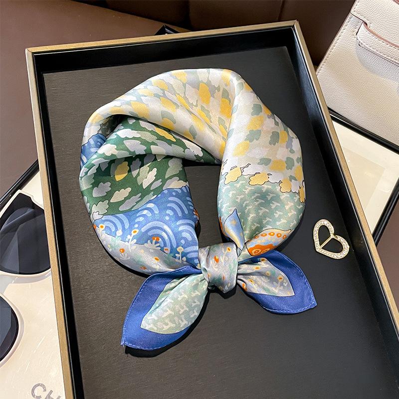 Silk scarf small square scarf women s autumn Korean version blue dream fairy tale silk mulberry silk silk scarf decorative scarf small scarf 53*53cm