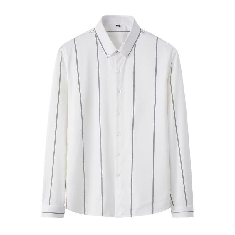 Men's Spring and Autumn Thin Section of Plus Size Anti Wrinkle Long Sleeved Striped Casual White Shirt Gentleman Business Long Sleeved