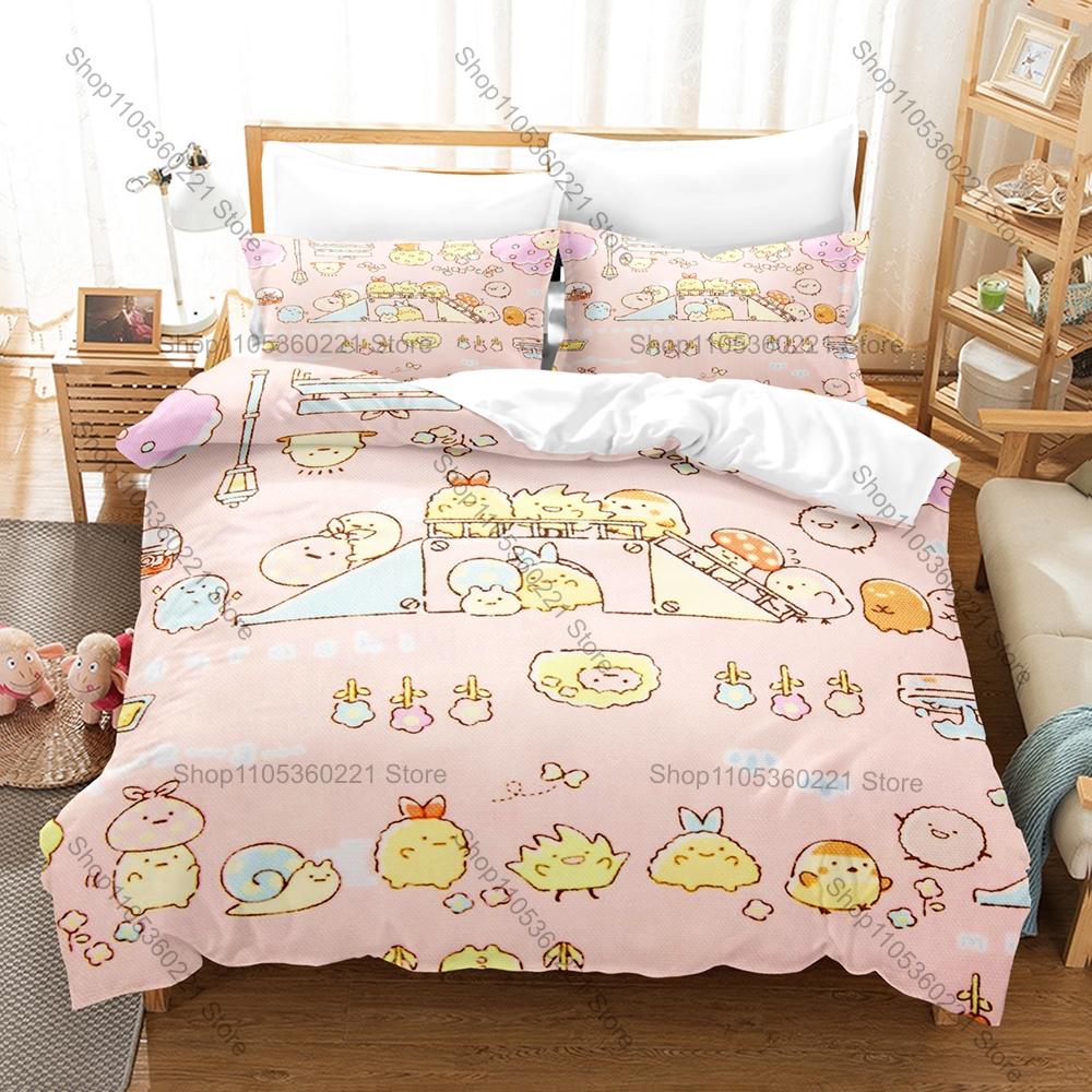 Sumikkogurashi Printed Bedding Set, Duvet Cover plus 2 Pillowcases, Adorable Cartoon Style Soft Microfiber Textiles