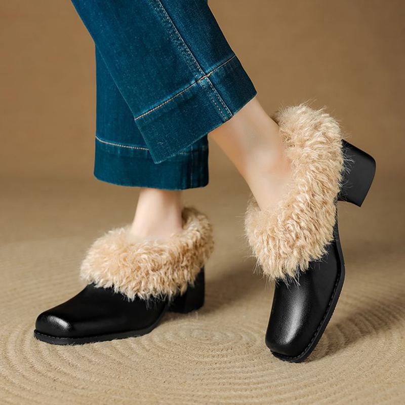Fashion NEW Winter Women Pumps Square Toe Chunky Heel Shoes Split Leather Shoes for Women Slip-on Modern Shoes Elegant Plush Women Pumps