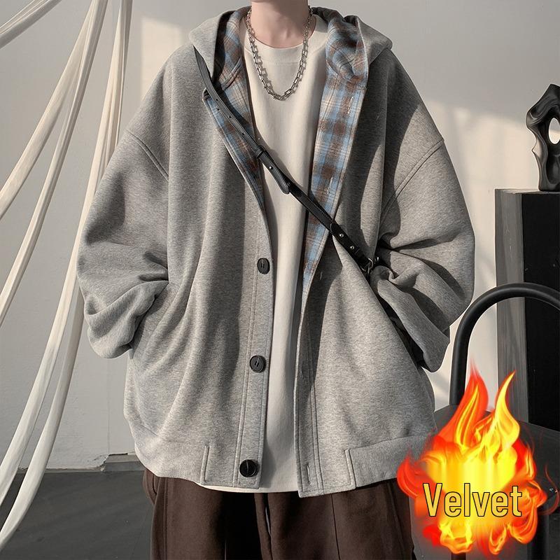 Men s Plaid Fleece-Lined Hooded Jacket - Stylish, Versatile, Loose Fit for Autumn and Winter M серый