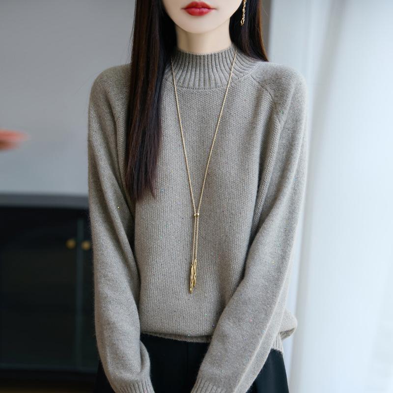 Nieuwe Gebreide Trui met Semi-hoge Hals Lange Mouwen Dames Pailletten Losse Pullover Basislaag voor Herfst en Winter