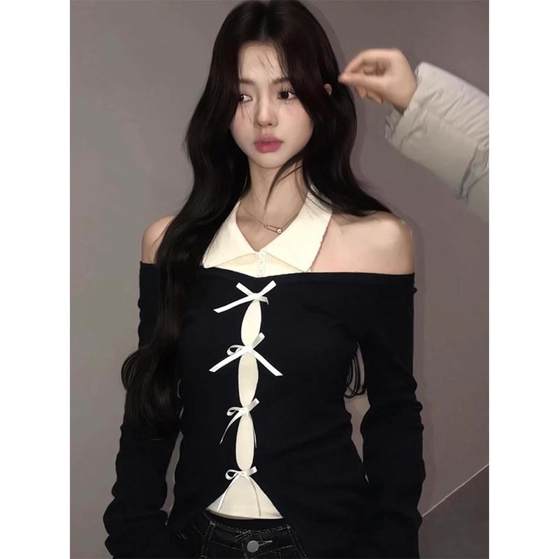 

Spicy Girl Irregular Lapel Knit Top: Women s Slim Fit, Waist-Cinched, Fake Two-Piece T-shirt for Spring/Autumn 2026 L