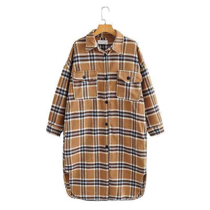 French Style Plaid Loose Wool Long Coat - Women's Elegant Temperament