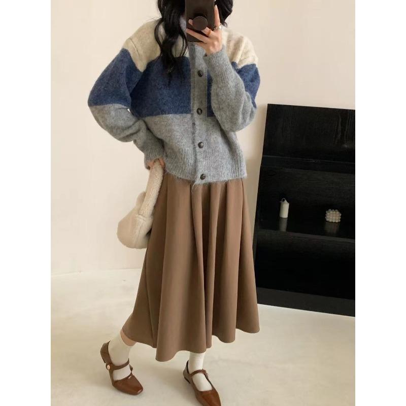 Retro contrasting striped plush soft waxy knitted cardigan women's autumn and winter age-reducing short retro coat