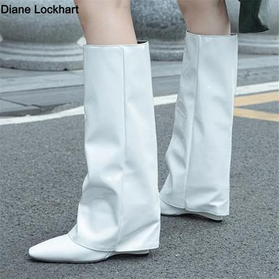 Fashion Pointed Toe High Heels Women Knee High Boots Brand Designer Soft Patent Leather Side Zip Wedges Winter Fashion 2025
