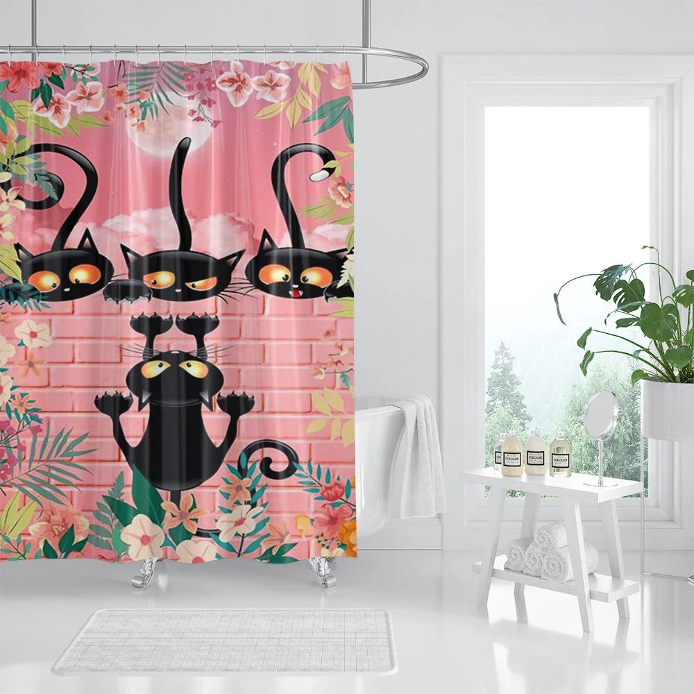Three Funny Naughty Black Cat Shower Curtain Scratching The Wall With His Paws Fabric Bathroom Decor Set Hooks White And Black