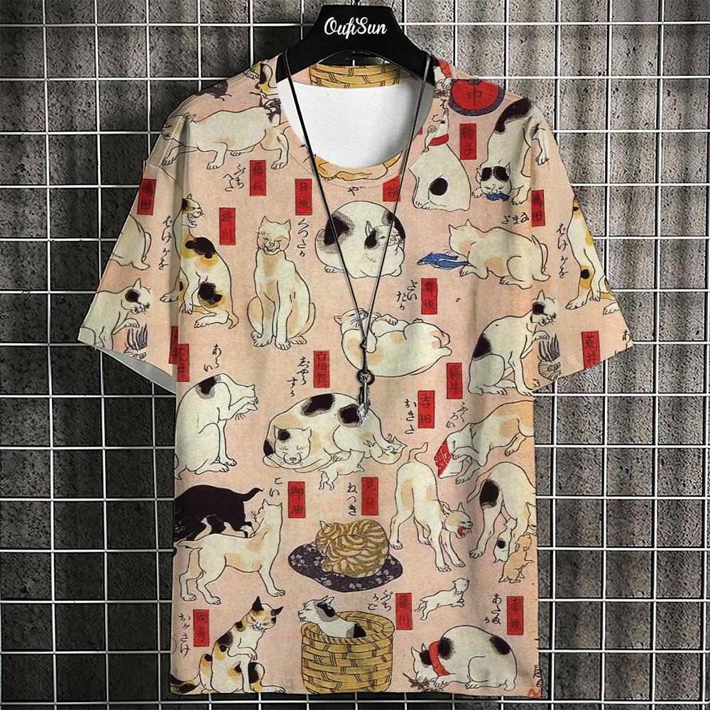 Retro Japanese Ukiyo-e Style Summer 3D Oversized Men's T-shirt Loose and Comfortable Breathable, Suitable for Daily Wear