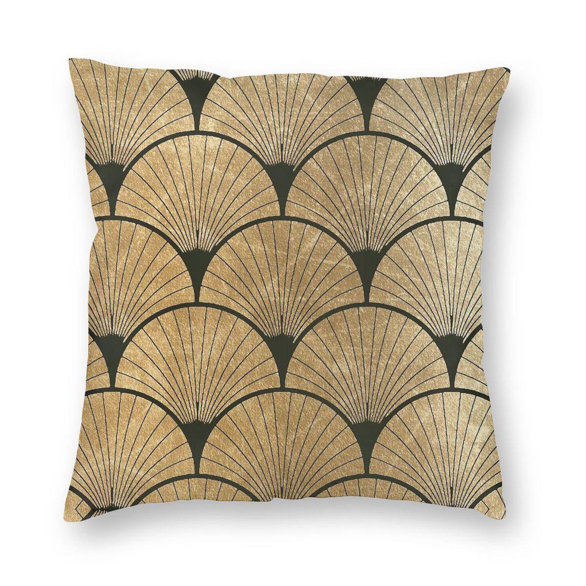 Art Deco Elegance Golden Fan Pillowcase Polyester Linen Velvet Printed Zip Decorative Pillow Case Room Cushion Cover 30x30cm