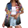 Short Sleeve Button Down Shirt for Women with Floral and Stars Print Loose Fit Lapel Collar Lightweight Top Blouse