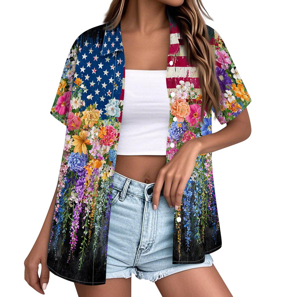 Short Sleeve Button Down Shirt for Women with Floral and Stars Print Loose Fit Lapel Collar Lightweight Top Blouse