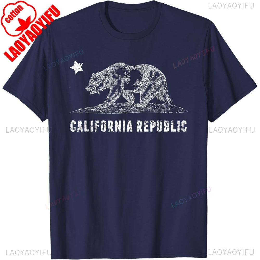 CA Republic Shirt Bear and Star Distressed California State TShirt California Souvenir Tshirt Men Crewneck Cotton Short Sleeve