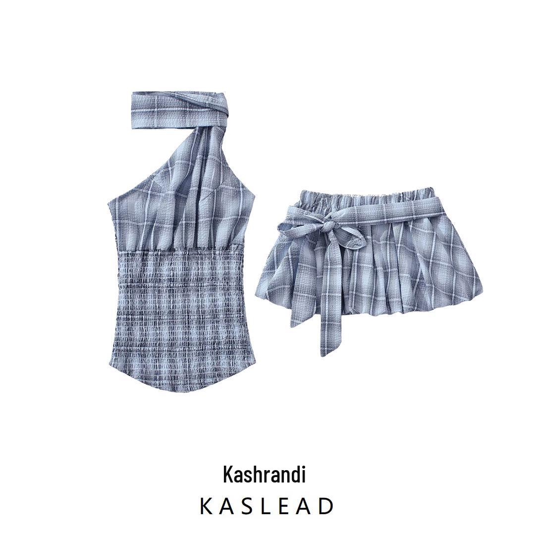 

2025 Spring Women s European & American Fashion Plaid Halter Top with Short Skirt Pants L