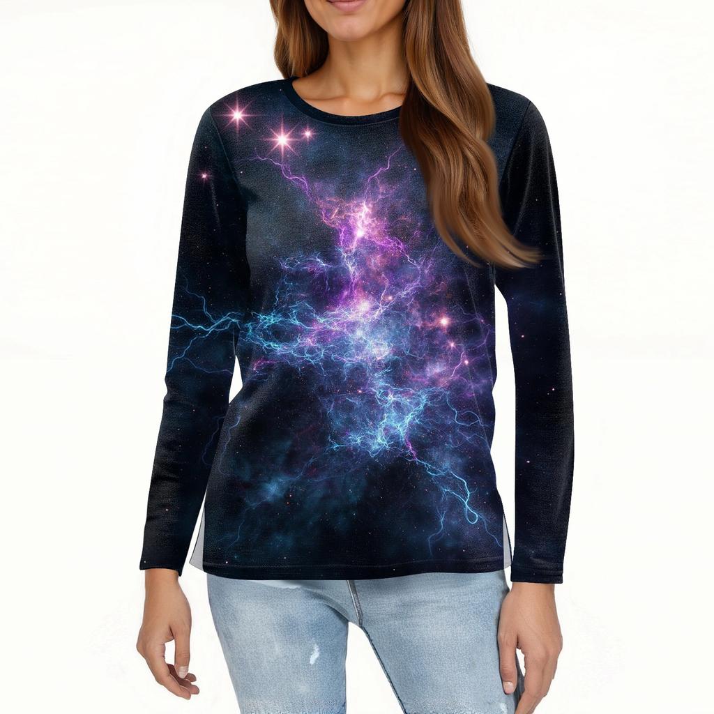 Women's Fashion Casual Slit Hem Round Neck Long Sleeve Loose Printed T,Shirt Ladies Top