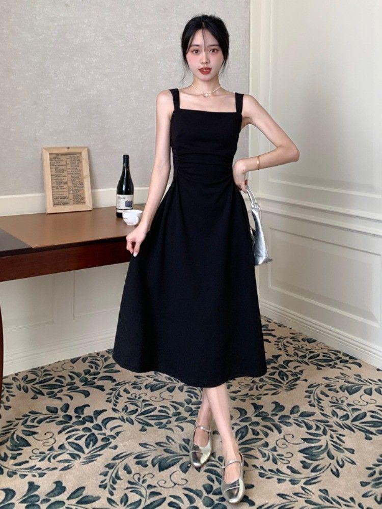 

Women s Summer Minimalist French White Strappy Dress - Slimming Waist, Square Neck, A-line Skirt Double Extra Large чорний
