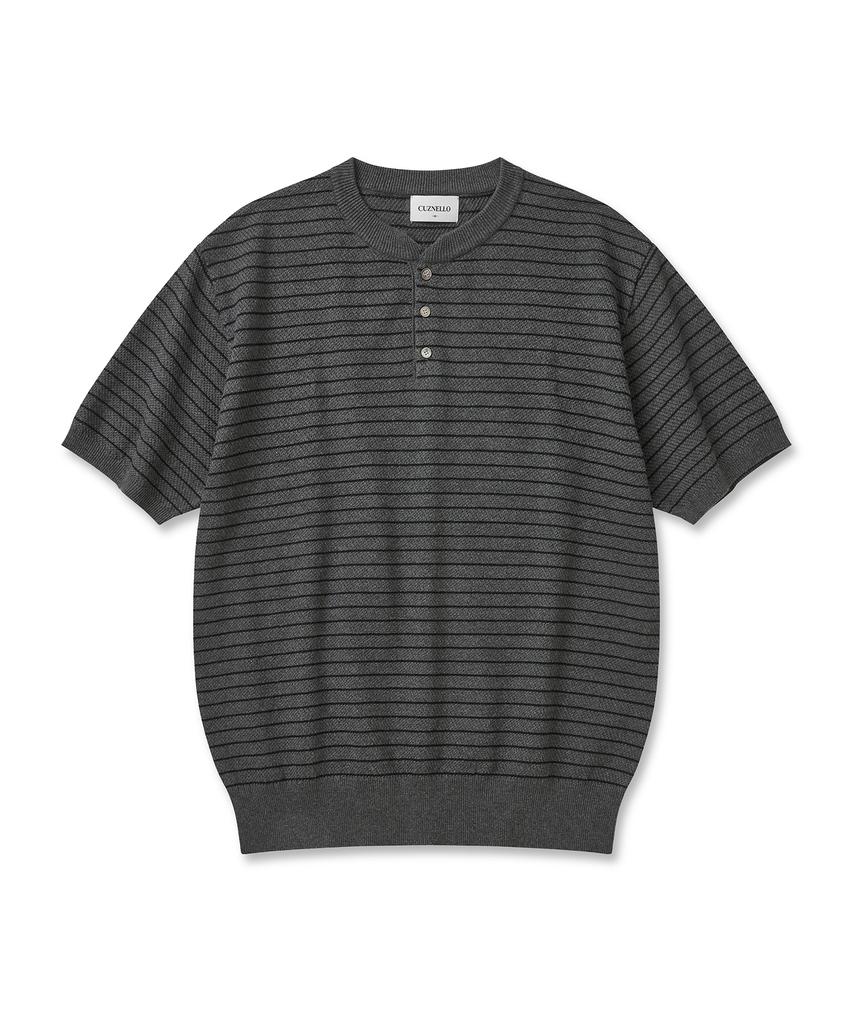 CUZNELLO Cool Cotton Striped Henley Neck Short Sleeve Knit_Charcoal