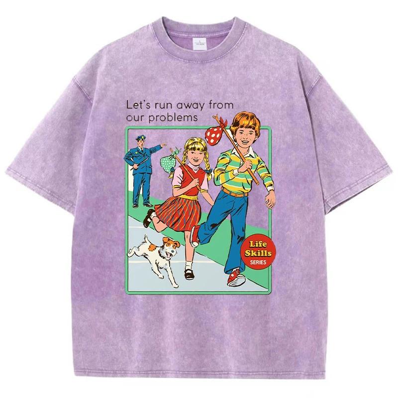 Let' Run Away From Our Problems Print Women Distress Tshirts Summer Fashion Washed T-Shirt Breathable Tee Shirts Soft Clothes