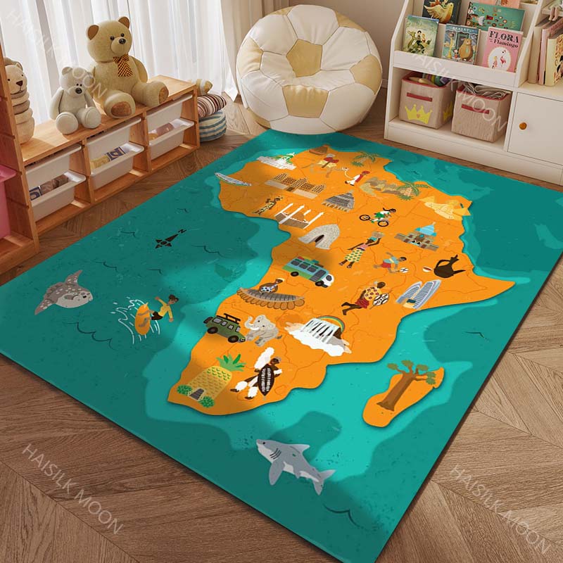 Cartoon Map of Five Continents with Animals Print Carpet for Living Room Bedroom Sofa Doormat Decor Kids Room Area Rug for Gifts