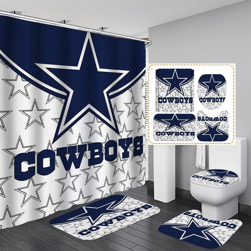 White Navy Blue American Football Shower Curtain Set,Modern Texas Star Rugby Athlete Helmet Sports Bathroom Set Non-Slip Mat Rug