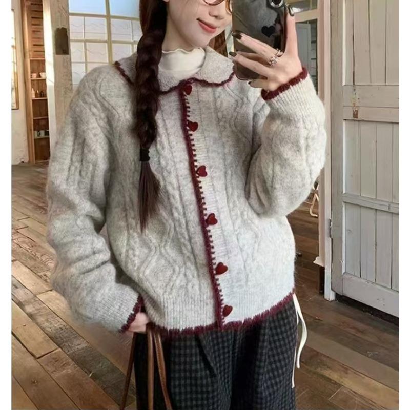 Spring and Autumn New Sweet and Gentle Wind Doll Collar Knitted Cardigan Women's Loose Love Button Soft Waxy Sweater Jacket