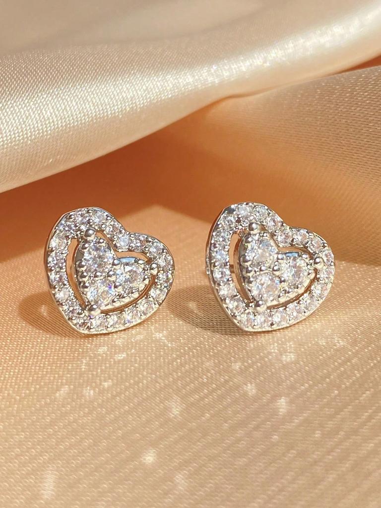 1 Pair Of Full Diamond Inlaid Heart-Shaped Earrings, Simple And Fashionable Earrings, Women'S Temperament Earrings Accessories
