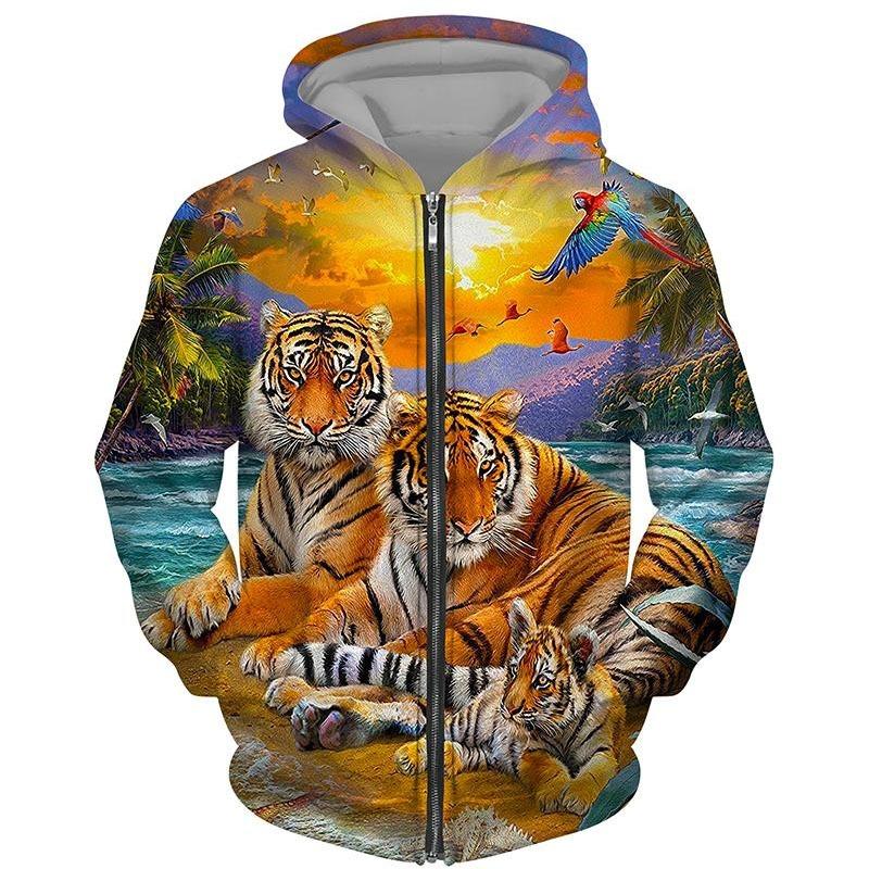 Trend Tiger Pattern Zip Up Hoodies For Men Fashion Autumn Long Sleeve Pullovers Loose Streetwear Cool Hoodie