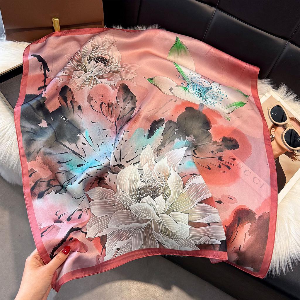 Four Seasons NEW Floral Square Scarf Women Satin Shawl Wrap Hijab Female Hair Luxury Headkerchief Beach Sun Protection Bandana