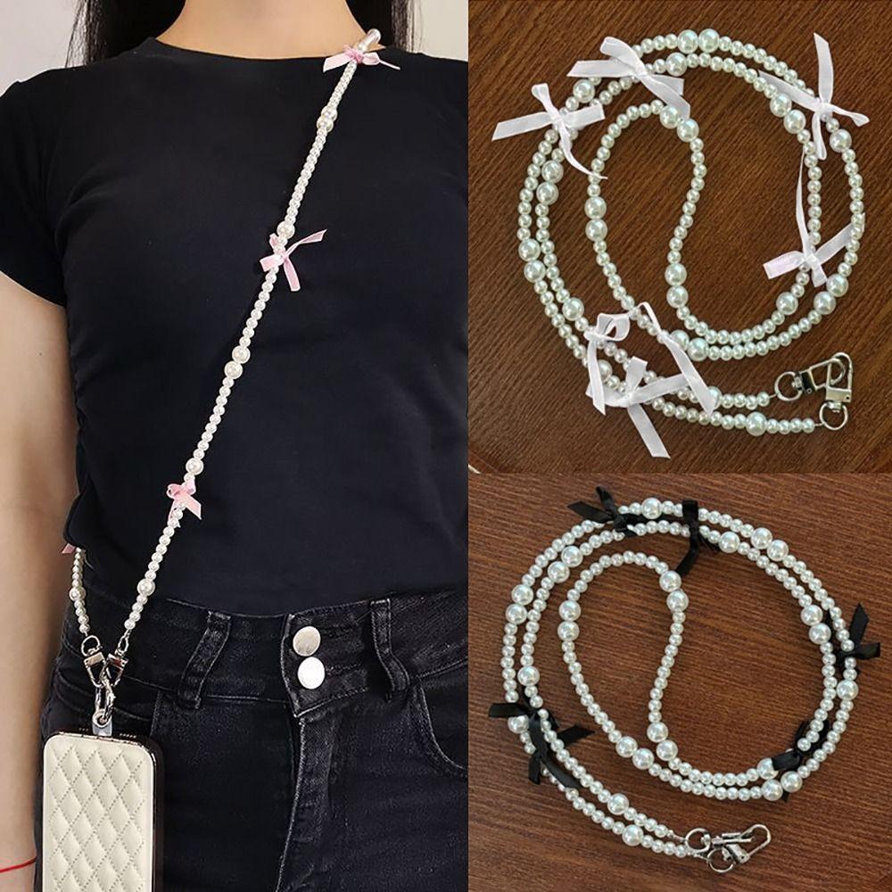 Pearl Bowknot Wallet Necklace Chain Bag Accessory Phone Anti Loss Lanyard  Wallet