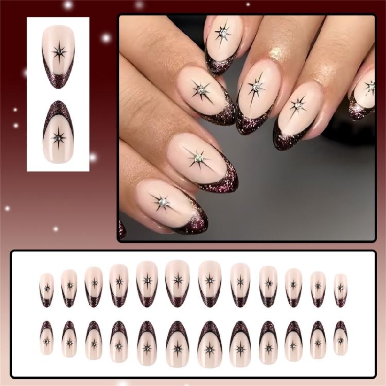 24pcs Short Almond Press On Nail Artificial Nail Glitters Star Designs French Tip Stick on Nail for a Stylish Look