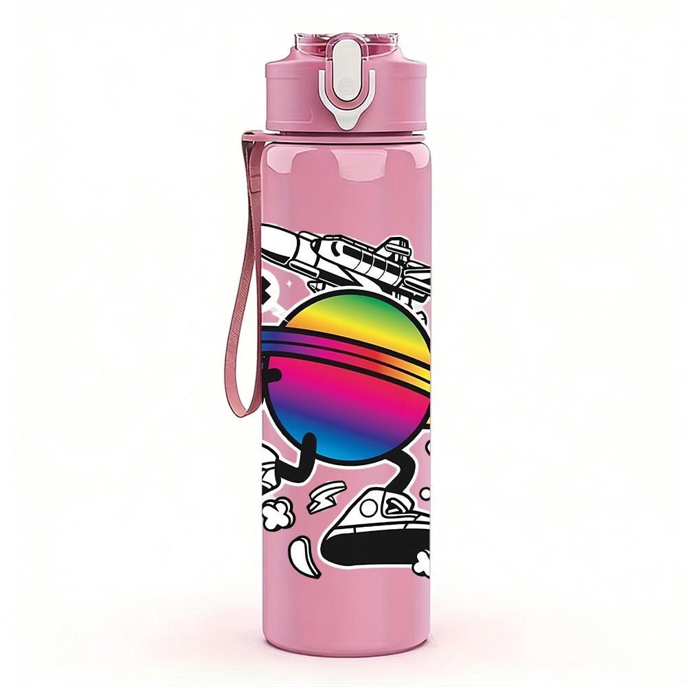 1PC Rainbow Planet Abstract Art 750ml Color Plastic Sports Water Bottle Leakproof Flip Straw Lid Suitable for Sports Office Home Use
