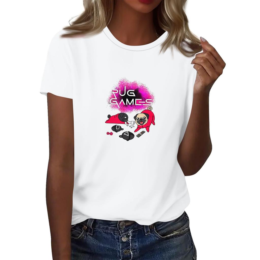 Damen Rundhals Bedrucktes Kurzarm T-Shirt Top