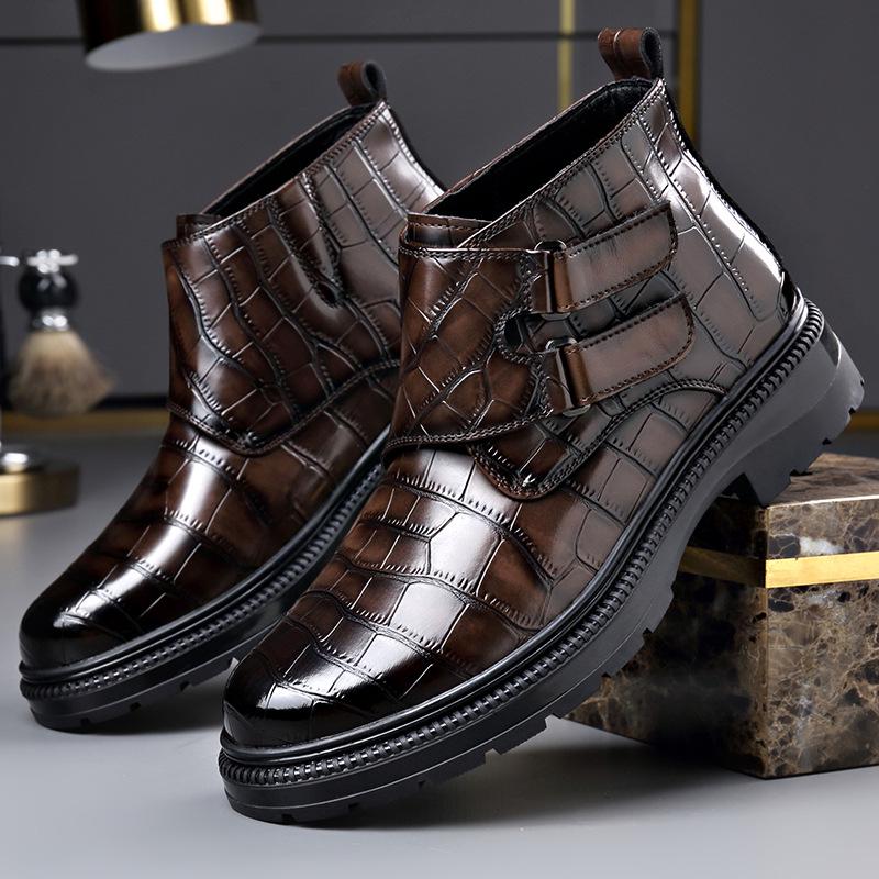 Men's Autumn/Winter Chelsea Leather Boots with Embossed Pattern, Buckle, Plus Velvet Warmth, and Velcro. Short Martin-Style.
