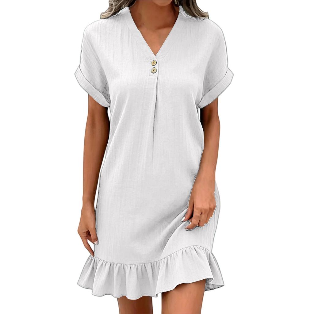 Women's Casual Pullover Dress V Neck Short Sleeve Button Detail Relaxed Fit Ruffle Hem Lightweight Fabric Summer Vacation Dress
