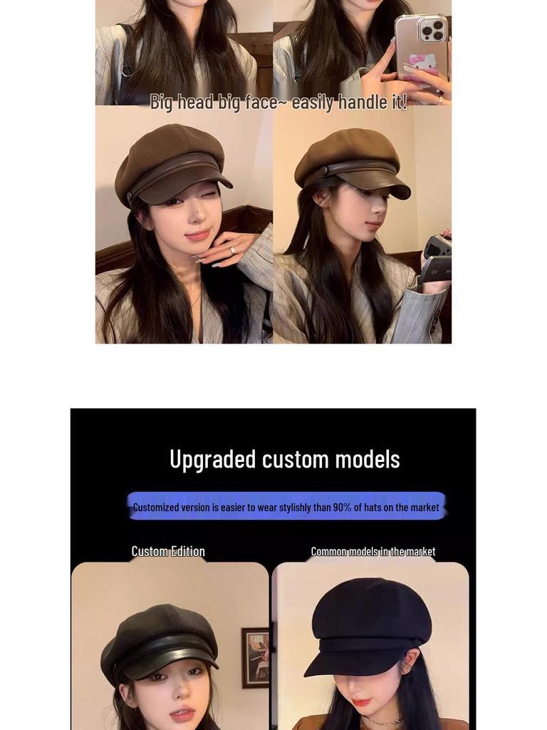 Novo Boina Octogonal Feminina 2025 – Preto, Ajuste para Cabeça Grande, Tendência Artística Outono/Inverno, Estilo Pintor de Rosto Pequeno