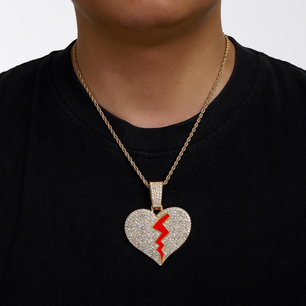 Street Hip Hop Personality Broken Crack Love Pendant Lanyard Hiphop15Mm Clasp Cuban Chain Men