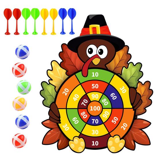 

Thanksgiving Game Turkey Dart Board Indoor Outdoor Party Game with 6 Sticky Balls And 8 Dart for Family Adults Activities Holiday Gifts A