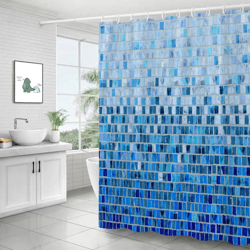 

Blue Mosaic Pattern Bath Curtain Waterproof Shower Curtains Geometric Bath Screen Printed Curtain with Hooks for Bathroom Gift W120xH180cm