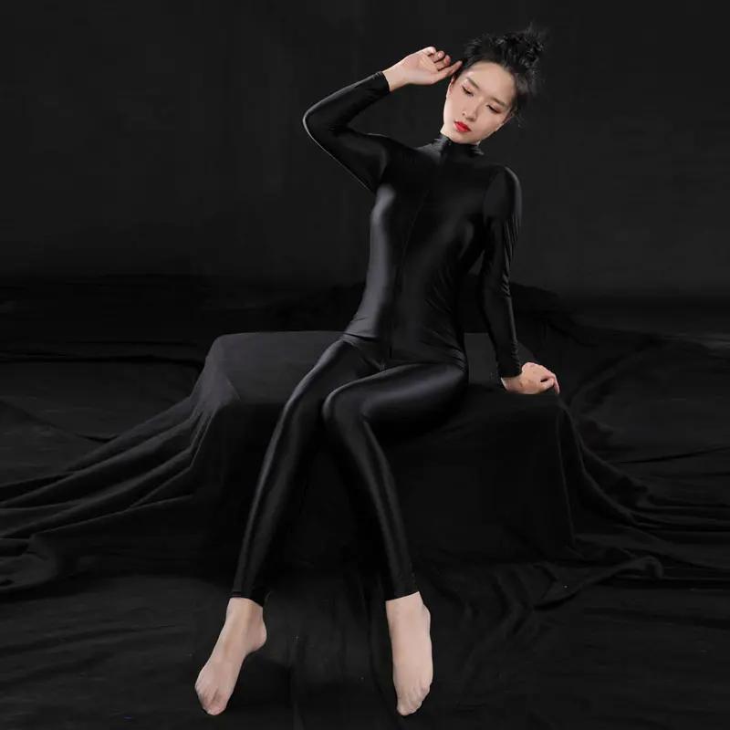 High Elastic Women'S Unitard Long Zipper Open Crotch Satin Shiny Glossy Sheer Full Bodysuit Sexy Shaping Slim Tights Clubwear
