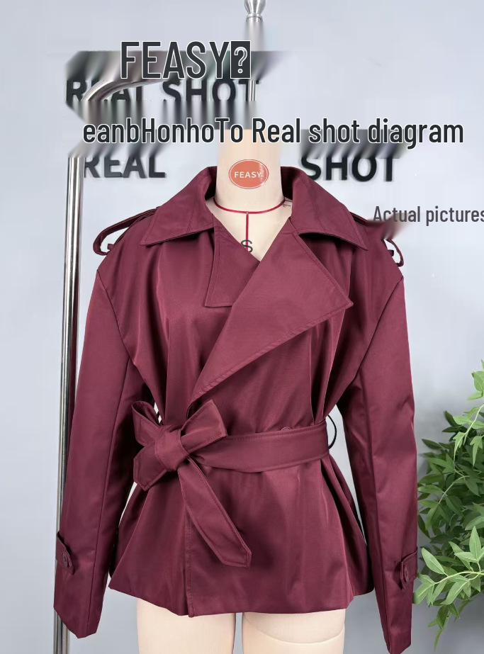 European and American Style Women's Solid Color Belted Short Jacket Windbreaker.