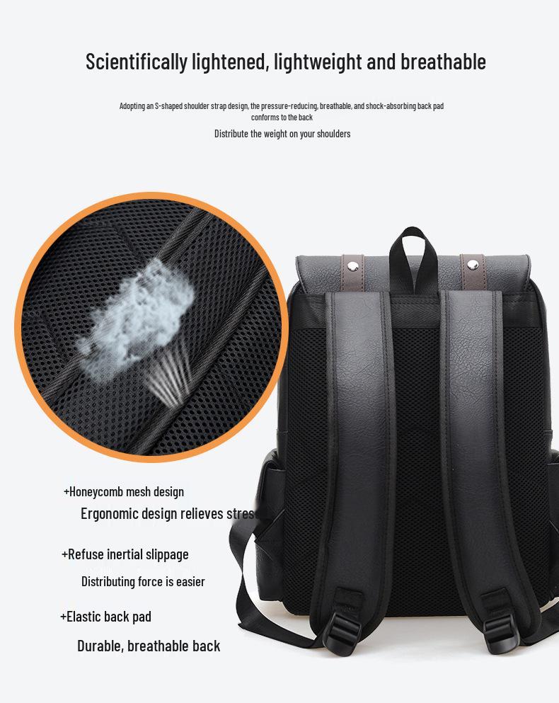 Large-Capacity PU Leather Backpack for Business, School, and Travel