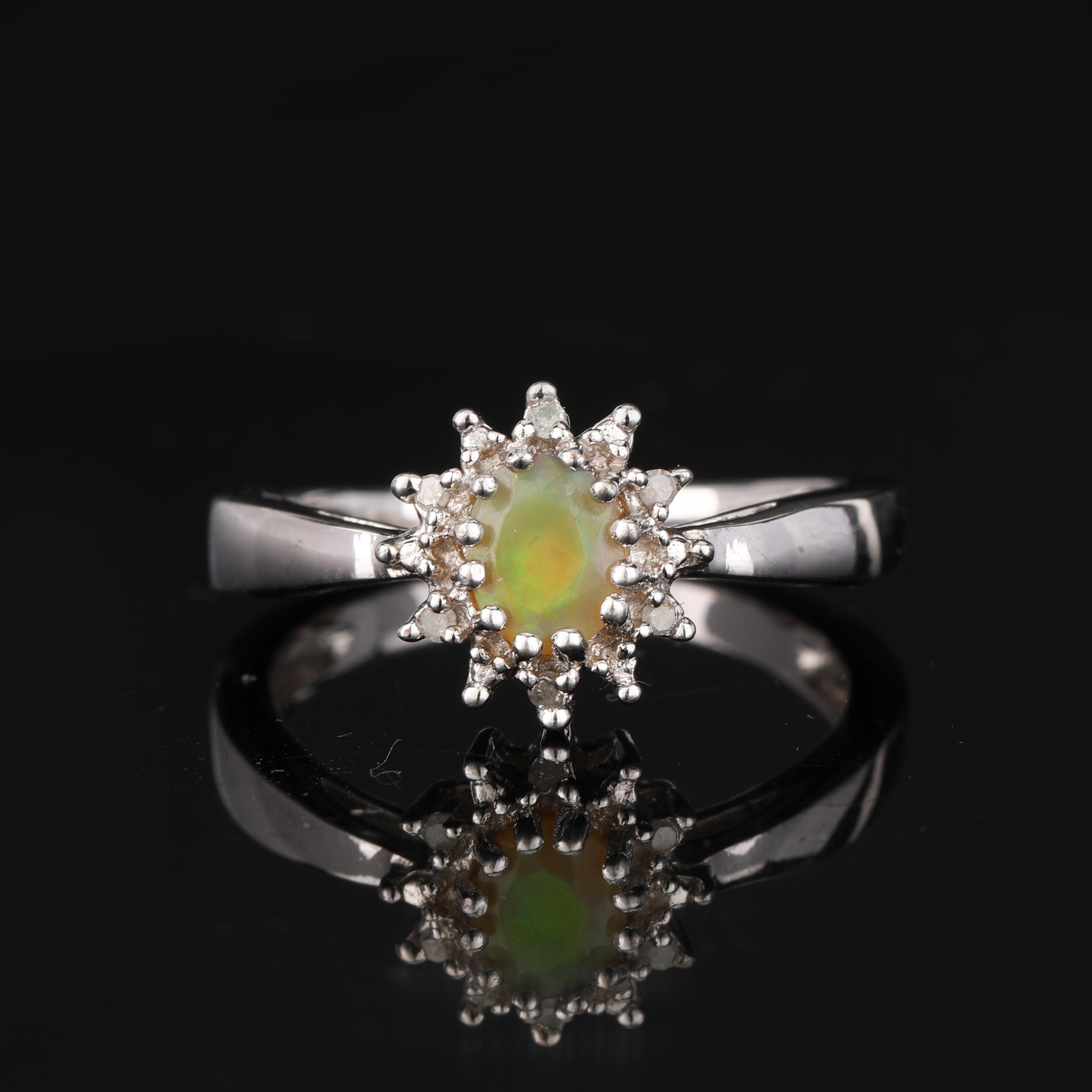 

925 Sterling Silver Rhodium Ring Ethiopian Opal Faceted Oval 5x4mm White Diamond Accent Elegant Women Jewelry срібний