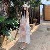 Pink three-dimensional flower sleeveless vest dress Sanya seaside vacation long dress temperament fake two-piece skirt women's summer