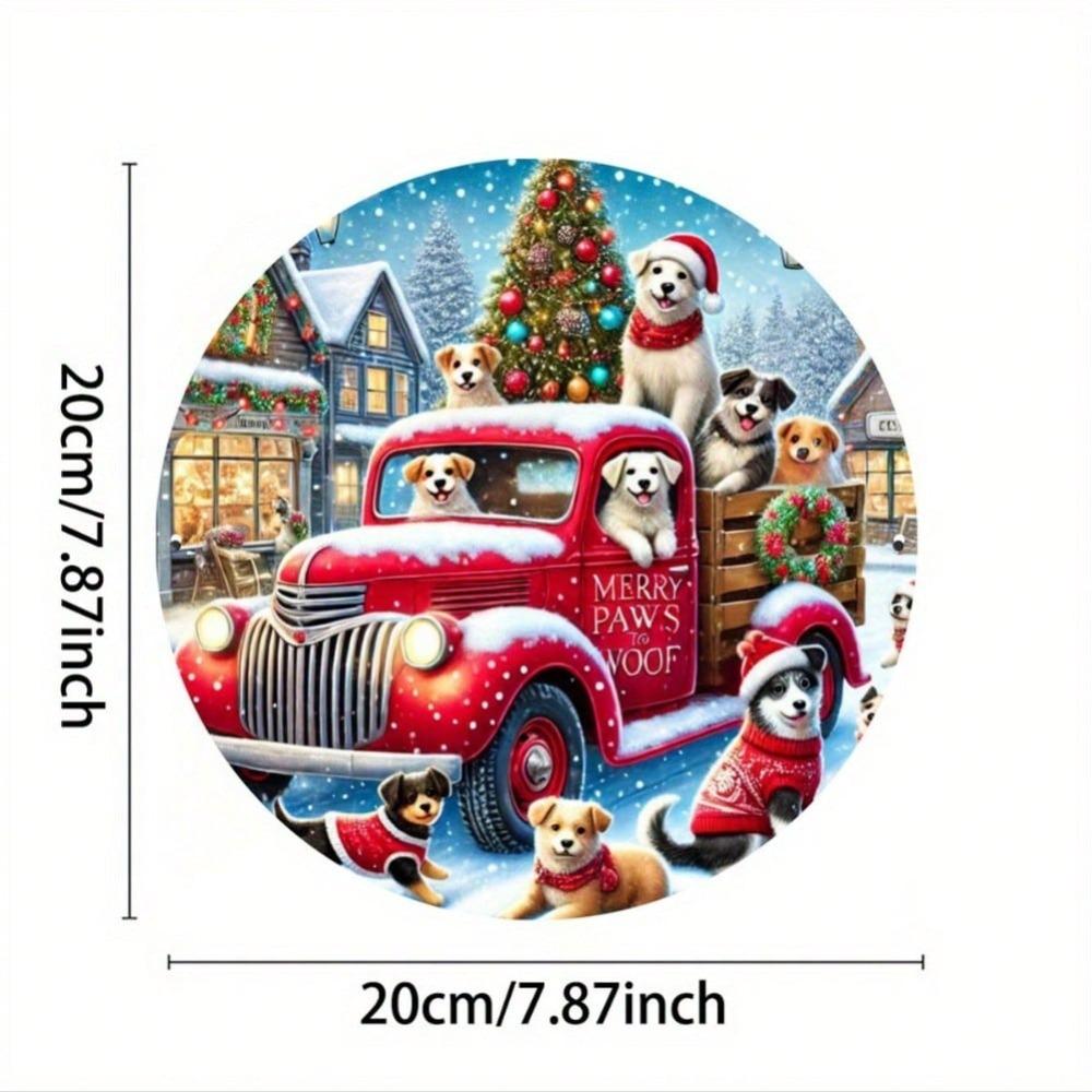 Vintage Red Truck Dogs Christmas Iron Wall Art Round Holiday Home Decor